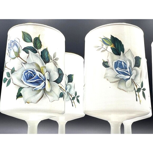 Norleans Frosted Wine Glass White Satin Art Italy Blue Flowers 24K Gold Trim Set - Picture 13 of 13